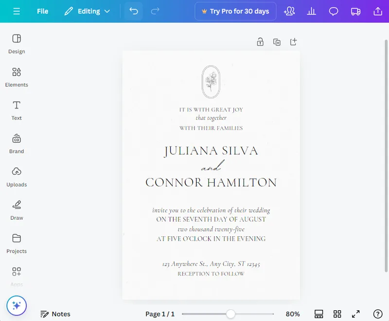 Canva template showing a white and black classic wedding invitation design
