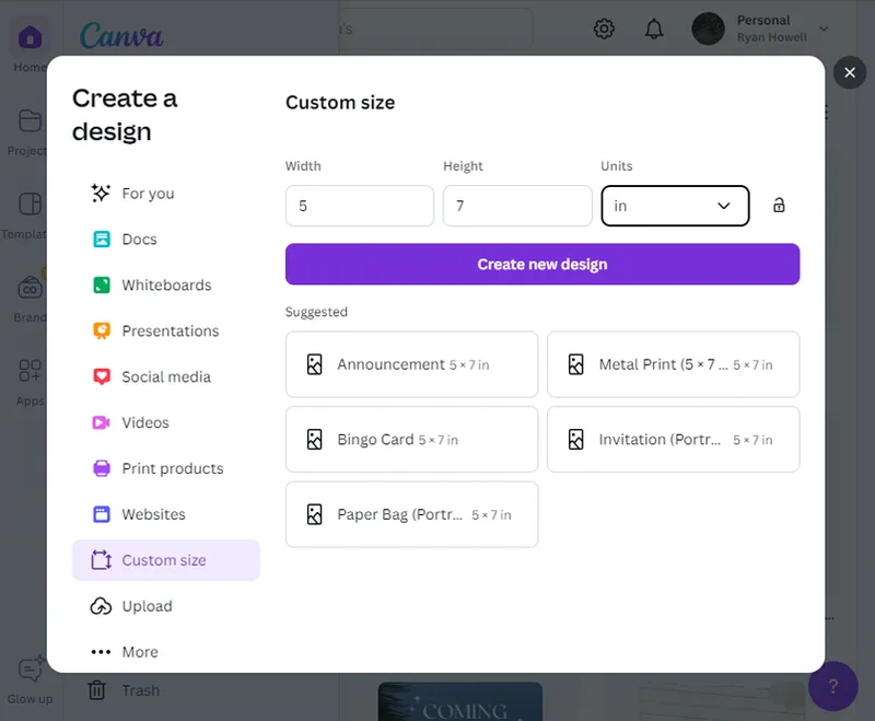 Canva create a design custom size selection