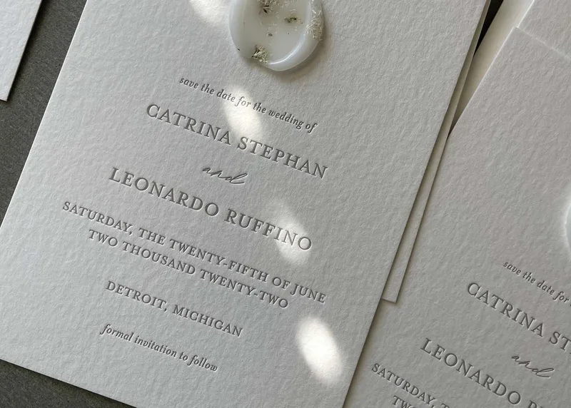 Letterpress save the date on Arturo paper with wax seal