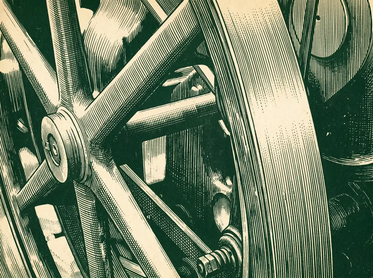 Two-tone green vintage lithograph illustration of a press flywheel and spokes